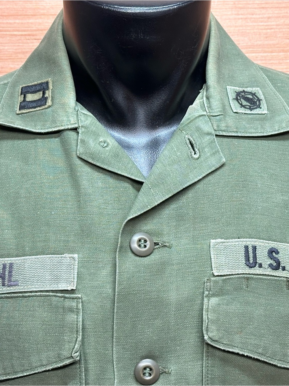 70's Era US Army OD Green Sateen OG-107 Uniform Shirt Captain Size 15-1/2 x 35